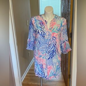 Lilly Pulitzer Elenora Silk Dress in crew blue tint and kaleidoscope coral